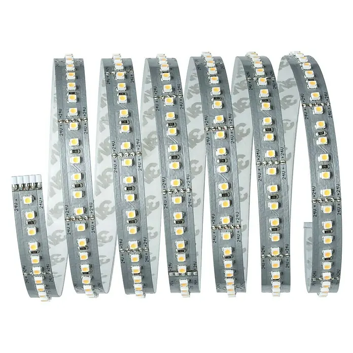 Paulmann MaxLED 1.000 Tira LED - 2,5 m, Blanco cálido - Primer plano de una tira de LED con respaldo adhesivo, ideal para aplicaciones de iluminación versátiles y fácil instalación.