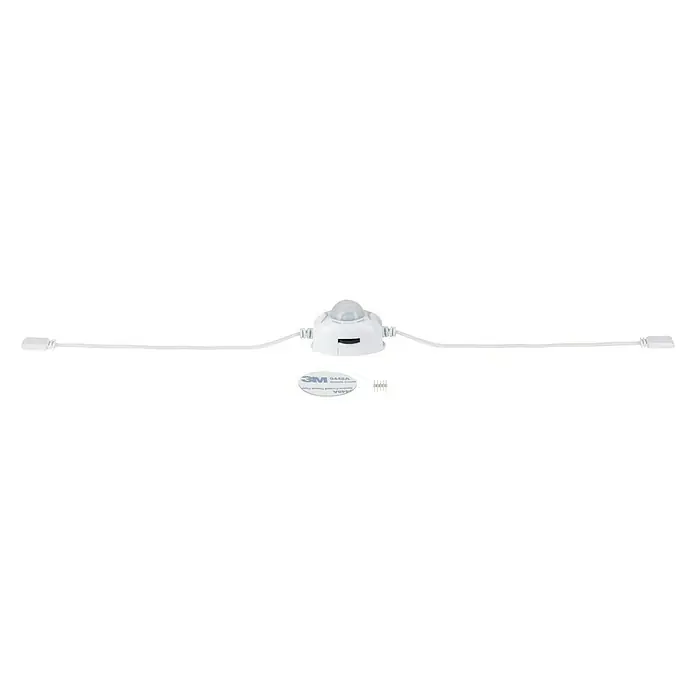 Paulmann MaxLED Bewegungsmelder Night - Weiß - Nahaufnahme einer LED-Lichtleiste mit Bewegungssensor, Klebepad und Anschlussstück, ideal für Schrankbeleuchtung.