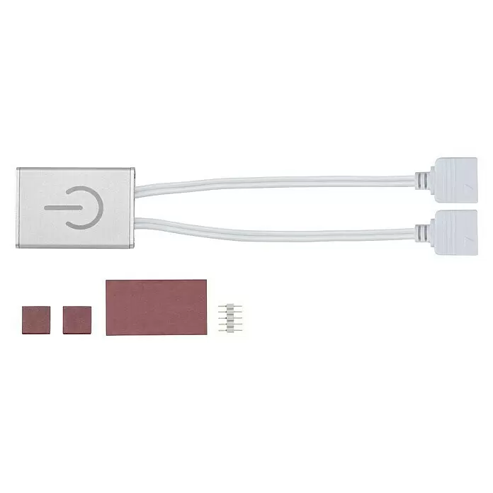 Paulmann MaxLED Controlador de intensidad y conmutación Touch Switch - Plateado, 144 W - Caja control LED plateada con símbolo de encendido, dos conectores blancos y almohadillas adhesivas marrón-rojizo con conector de 5 pines.