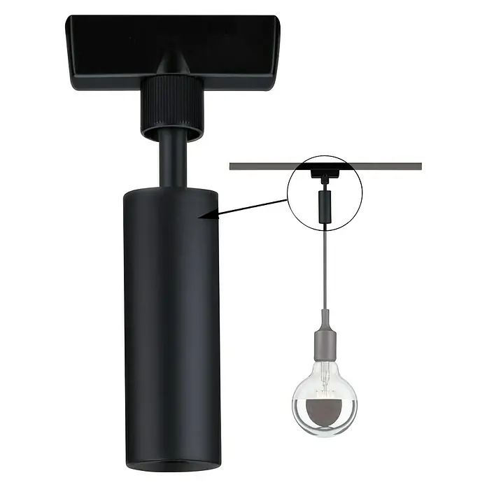 Paulmann URail Pendeladapter Universal - Schwarz - Nahaufnahme einer modernen schwarzen Stromschienenleuchte mit Glühbirne, die ein elegantes und minimalistisches Design zeigt.