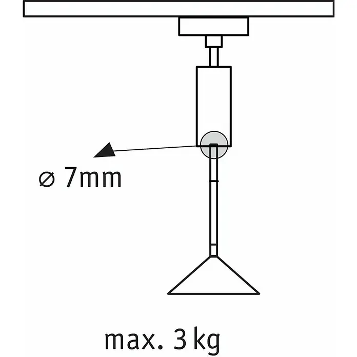 Paulmann URail Adaptador de péndulo universal - Negro - Un dibujo técnico de una lámpara con un diámetro de 7 mm y una carga máxima de 3 kg.