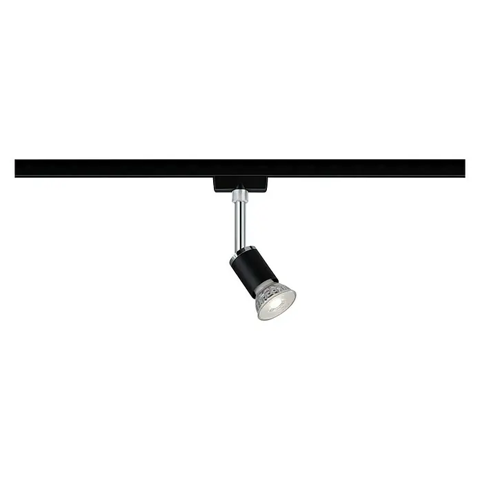 Paulmann URail Regleta Pure II - L x An x Al: 6,6 x 5,8 x 15,1 cm, GU10, Negro - Foco LED negro fijado en un riel. El foco está montado sobre un fondo negro, proporcionando una iluminación enfocada.