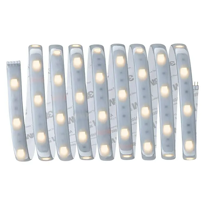 Paulmann MaxLED 250 Tira LED - Largo: 2,5 m, Color de luz: RGBW, 17 W, 675 lm, Ámbito de aplicación: Para exterior - Primer plano de una tira LED con luces blancas cálidas y un soporte adhesivo.