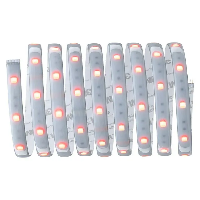 Paulmann MaxLED 250 LED-Band RGBW beschichtet IP44 - Länge: 2,5 m, Lichtfarbe: RGBW, 17 W, 675 lm, Anwendungsbereich: Außen - Nahaufnahme eines flexiblen LED-Streifens, der aufgerollt ist und ein warmes, rotes Licht ausstrahlt. Ideal für dekorative Beleuchtung im Innenbereich.