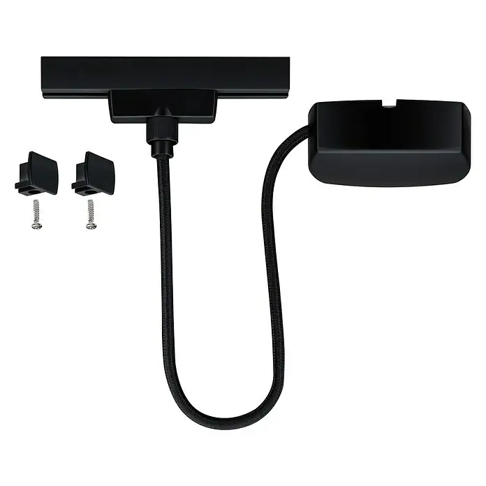 Paulmann URail Stromeinspeisung - 100 cm, 1.000 W, Schwarz, Inkl. Endkappen - Produktansicht der schwarzen Halterung für eine Lampe, bestehend aus einer Schiene, Kabel, Befestigungen und Schrauben.