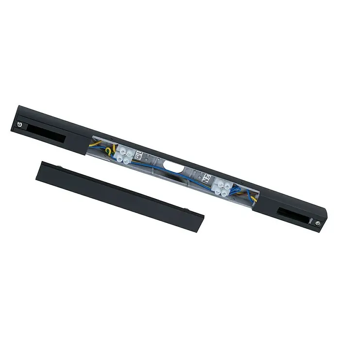 Paulmann URail Basis-Set - Schwarz, Länge: 2,3 m, Metall - Eine schwarze Lichtleiste mit abgenommener Abdeckung, die die interne Verkabelung und Klemmen zeigt.