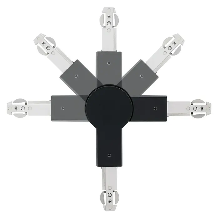 Paulmann URail Gelenkverbinder - Schwarz, L x B x H: 157 x 36 x 18 mm - Ansicht von oben auf eine multifunktionale Halterung mit mehreren Armen. Dieses Produkt ist ideal für flexible Befestigungslösungen.