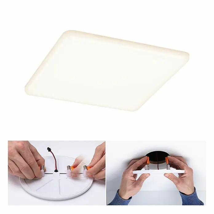 Paulmann LED-Panel Veluna VariFit - 20 W, L x B x H: 18,5 x 18,5 x 3,1 cm, Satin, Warmweiß, 3.000 K - Das Bild zeigt eine quadratische Deckenleuchte und Installationsschritte, die die Montage erleichtern.