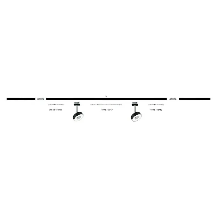 Paulmann URail Conector de línea - 7 x 1,1 cm, Plástico - La imagen muestra un moderno sistema de iluminación de riel negro con tres focos, ideal para iluminación flexible.