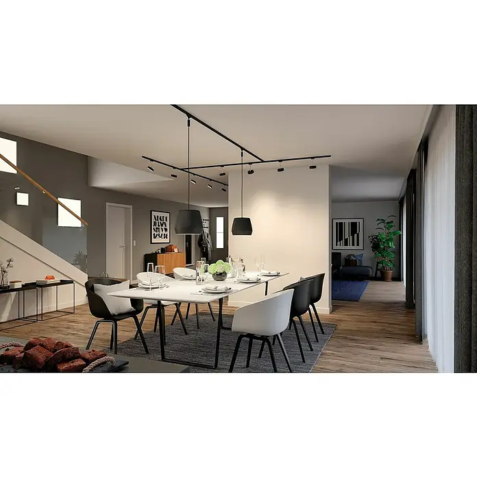 Paulmann URail Schiene100 cm, Metall, Schwarz - Einrichtungsidee für ein Esszimmer mit einem weißen Tisch, schwarzen Stühlen und einer modernen Deckenbeleuchtung, die eine einladende Atmosphäre schafft.