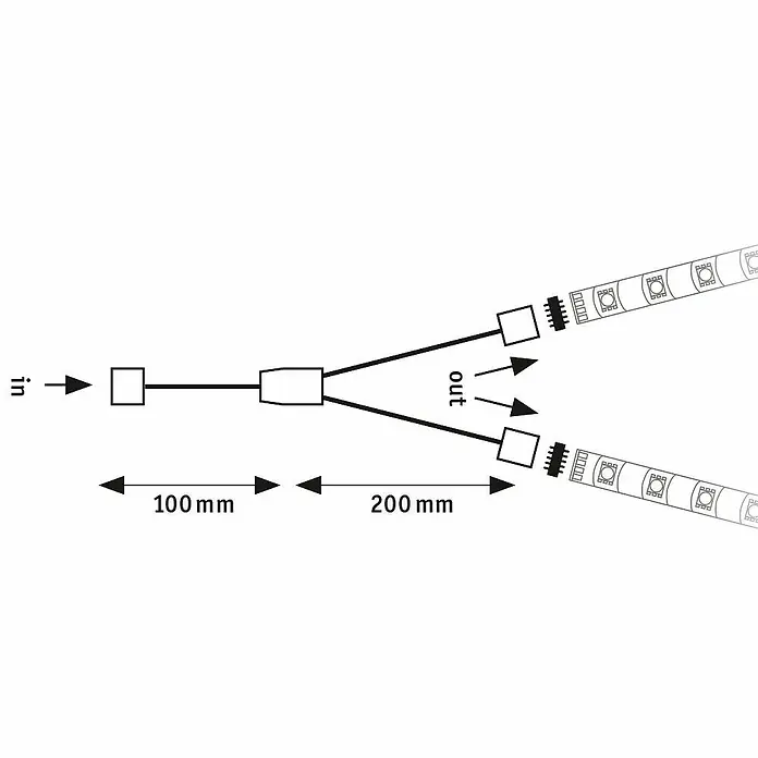 Paulmann MaxLED Y-Verteiler - L x B x H: 30 x 12 x 7 mm, Weiß - Abbildung eines Y-Verbindungsstücks für LED-Streifen, das den Strom auf zwei Ausgänge verteilt. Die Gesamtlänge der Konfiguration ist ersichtlich.