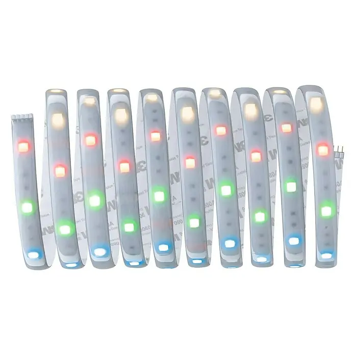 Paulmann MaxLED 250 Tira LED - Largo: 3 m, Color de luz: RGBW, 20 W, 690 lm - Una tira de luz LED con LEDs de colores en rojo, verde y azul sobre una tira blanca, ideal para iluminación decorativa.