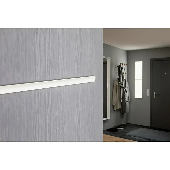 Paulmann Profil Diffusor - Länge: 100 cm, Aluminium - Eine Nahaufnahme einer modernen, weißen Wandgarderobe, die an einer stilvollen, grauen Wand in einem Flur befestigt ist.