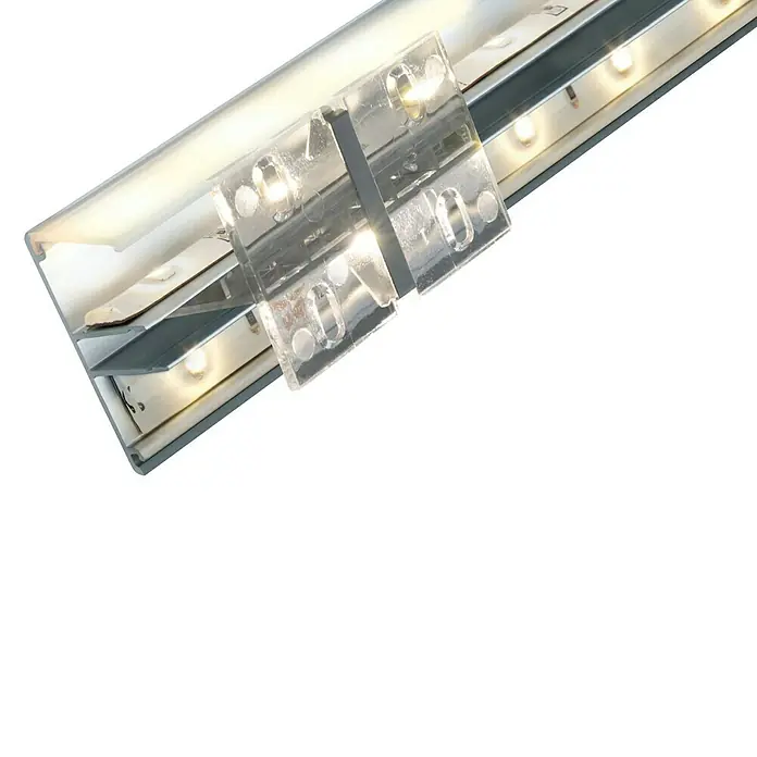 Paulmann Profil Duo - Länge: 200 cm, Aluminium - Nahaufnahme einer LED-Lichtleiste mit klaren Befestigungsclips, die auf einem weißen Hintergrund Licht ausstrahlt. Perfekt für moderne Beleuchtungslösungen.