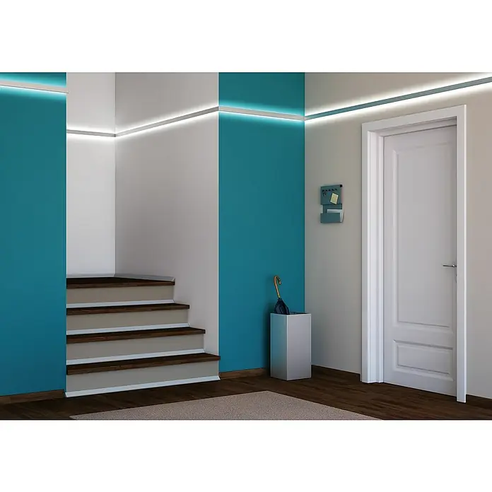 Paulmann Perfil Duo - Largo: 200 cm, Aluminio - Interior moderno con detalles azules, escalera y elegante paragüero. Iluminación LED ambiental que brinda una atmósfera acogedora.