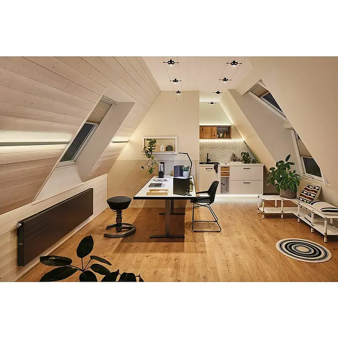 Paulmann Perfil Duo - Largo: 200 cm, Aluminio - Oficina en ático con escritorio, silla, radiador y tragaluces, creando un espacio de trabajo luminoso y acogedor.
