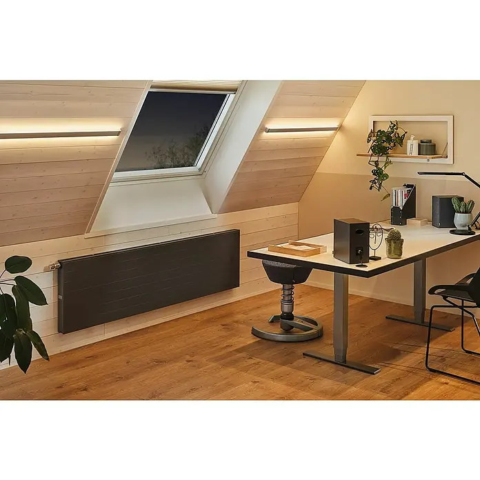 Paulmann Perfil Duo - Largo: 200 cm, Aluminio - Oficina moderna en ático con radiador elegante, escritorio y tragaluz para un trabajo cómodo.