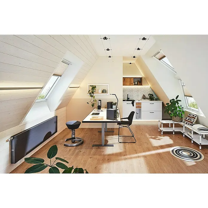 Paulmann Perfil Duo - Largo: 200 cm, Aluminio - Luminosa habitación abuhardillada con paneles de madera blanca, un escritorio moderno y muebles elegantes que crean un ambiente de trabajo agradable.