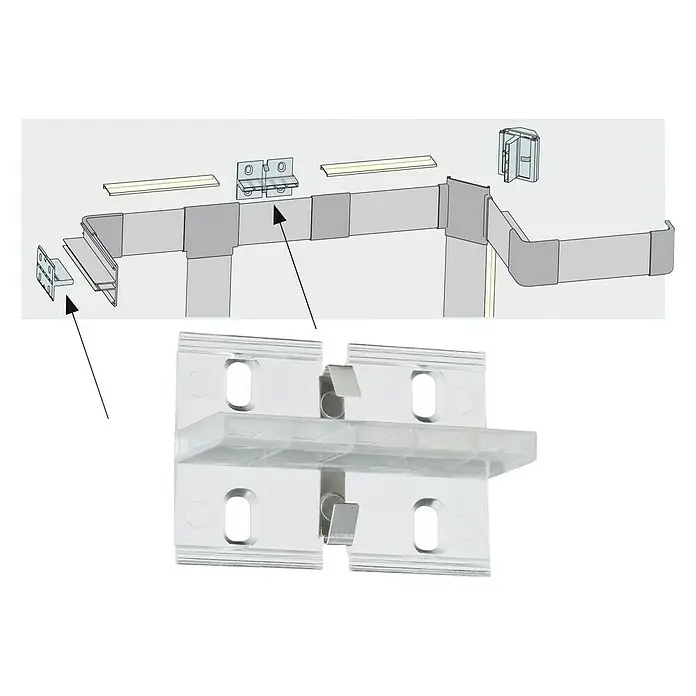 Paulmann Perfil Duo - Largo: 200 cm, Aluminio - Primer plano de un soporte de clip doble transparente para el montaje seguro de marcos o molduras. Ideal para instalaciones profesionales.