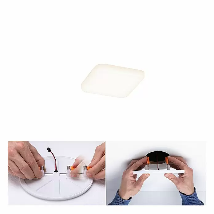 Paulmann LED-Panel Veluna VariFit - 4,5 W, L x B x H: 7,5 x 7,5 x 3,1 cm, Satin, Warmweiß, 3.000 K - Weißes quadratisches LED-Panel wird installiert. Hände drücken Federklammern und setzen die Leuchte in eine Deckenöffnung ein.