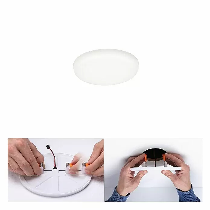 Paulmann LED-Panel rund Veluna VariFit - 4,5 W, Ø x H: 7,5 x 3,1 cm, Satin, Neutralweiß, 4.000 K - Weiße runde LED-Einbauleuchte. Die Installationsschritte zeigen Hände, die Kabel verbinden und die Leuchte in eine Deckenöffnung einsetzen.