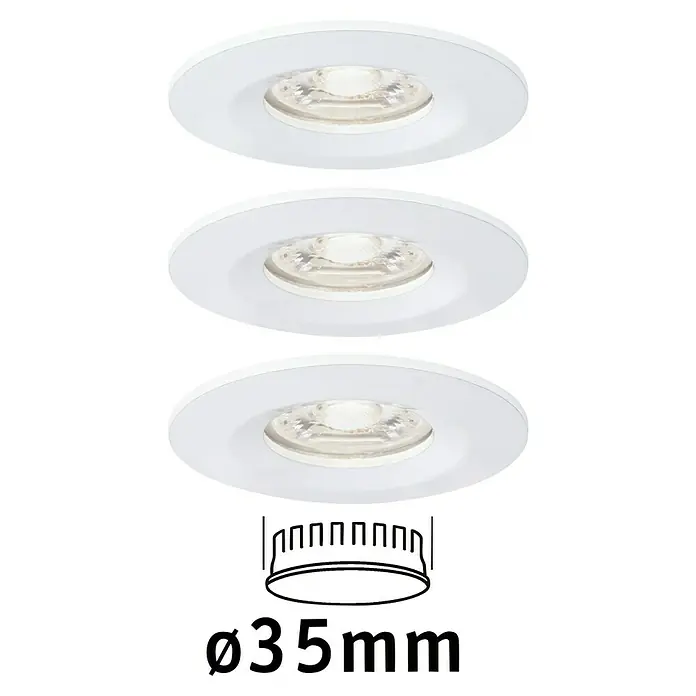Paulmann LED-Einbauleuchten-Set Nova Mini - 12 W, Weiß, 3 Stk., Warmweiß - Abbildung von drei weißen LED-Einbaustrahlern mit den Maßen Ø83,5 mm, ideal für eine moderne Raumbeleuchtung.