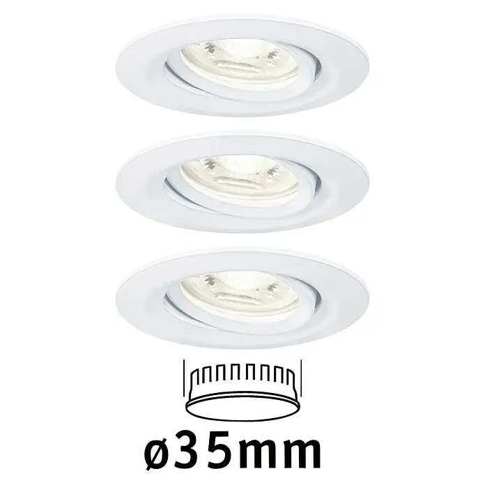 Paulmann LED-Einbauleuchten-Set Nova Mini - 12 W, Weiß, 3 Stk., Warmweiß, Leuchtenkopf beweglich - Drei runde, weiße LED-Einbaustrahler im Detail, die modernes Design und energieeffiziente Beleuchtungslösungen zeigen.