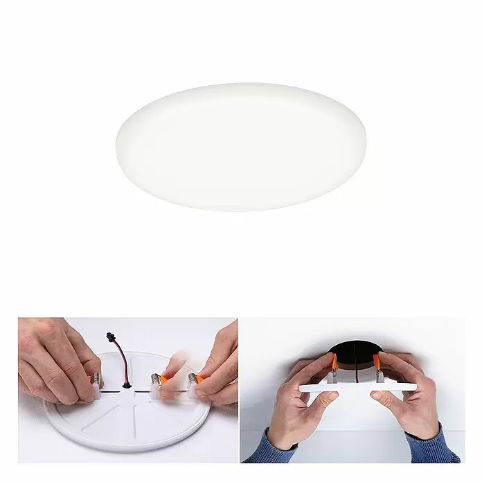 Paulmann LED-Panel rund Veluna VariFit - 8,5 W, Ø x H: 12,5 x 3,1 cm, Satin, Neutralweiß, 4.000 K - Weiße, runde LED-Deckenleuchte, gezeigt bei der Montage und Installation in einer Decke.
