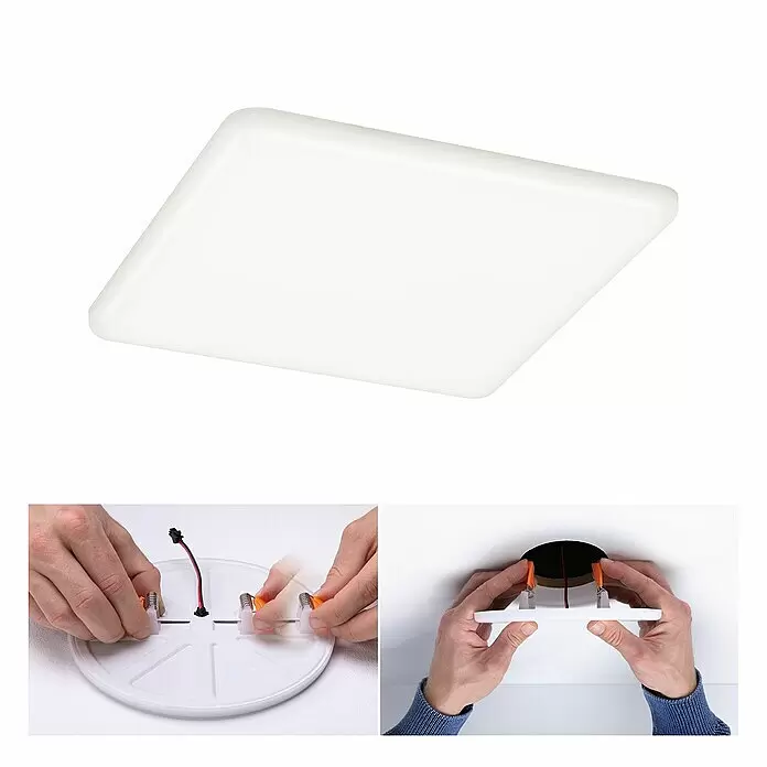 Paulmann Panel LED Veluna - 17,5 W, L x An x Al: 18,5 x 18,5 x 3,1 cm, Satin, Blanco neutro, 4.000 K - Panel LED cuadrado blanco con esquinas redondeadas, mostrando su instalación como luz empotrada con clips de resorte.