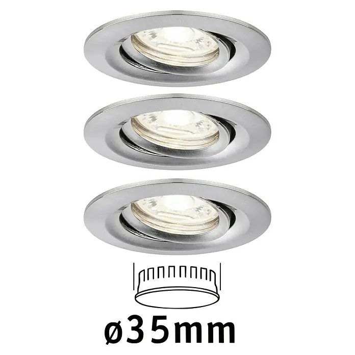 Paulmann LED-Einbauleuchten-Set Nova Mini - 12 W, Eisen gebürstet, Warmweiß, Leuchtenkopf beweglich - Drei polierte, silberfarbene Deckeneinbaustrahler mit warmweißem Licht und einer Größenangabe von Ø35 mm.