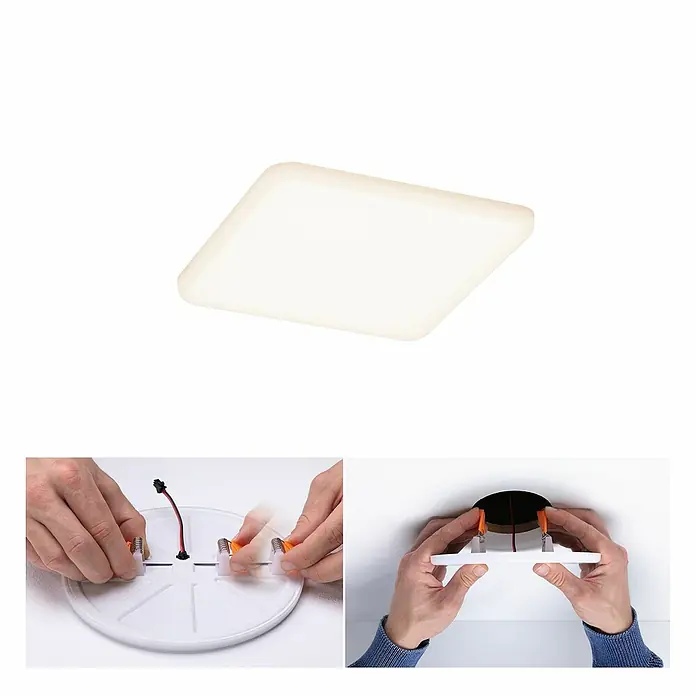 Paulmann LED-Panel Veluna VariFit - 8,5 W, L x B x H: 12,5 x 12,5 x 3,1 cm, Satin, Warmweiß, 3.000 K - Anleitung zur Installation einer LED-Deckenleuchte mit quadratischer Form, die eine einfache Montage zeigt.