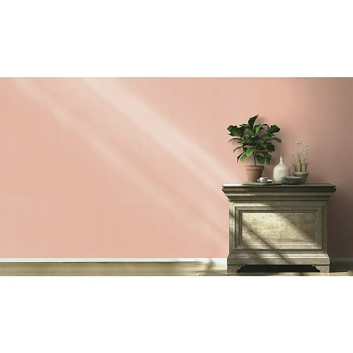 Rasch BARBARA Home Collection II Vliestapete - Rosa, Uni, 10,05 x 0,53 m - Ein Sideboard aus hellem Holz, dekoriert mit Zimmerpflanzen und Geschirr, vor einer rosa Wand mit Sonnenlicht.