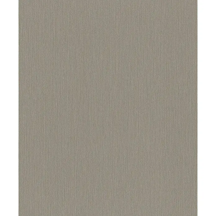 Rasch BARBARA Home Collection II Vliestapete - Grau/Oliv, Uni, 10,05 x 0,53 m - Hochwertige Nahaufnahme von natürlicher Textiltapete in neutralen Farbtönen mit feiner, vertikaler Streifenstruktur.