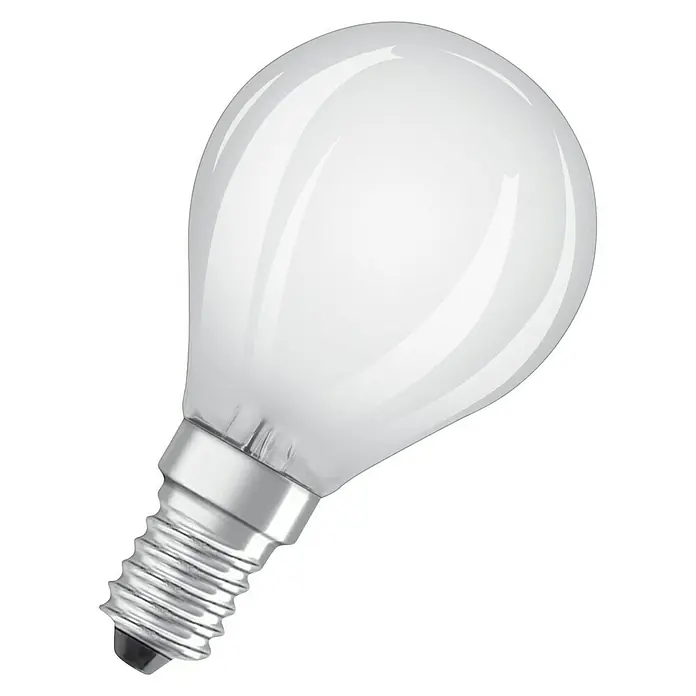 Osram Retrofit LED-Lampe Classic P - E14, Nicht Dimmbar, Warmweiß, 470 lm, 4 W, 1 Stk. - Nahaufnahme einer matten, weißen Glühbirne mit einem silbernen Sockel auf schwarzem Hintergrund.