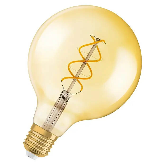 Osram LED-Lampe Vintage Edition 1906 Globe-Form E27 - E27, Dimmbar, Warmweiß, 250 lm, 4,5 W, G125 - Glühbirne mit goldfarbenem Glaskörper und einem dekorativen, gewundenen Filament, das warmes Licht ausstrahlt.\n