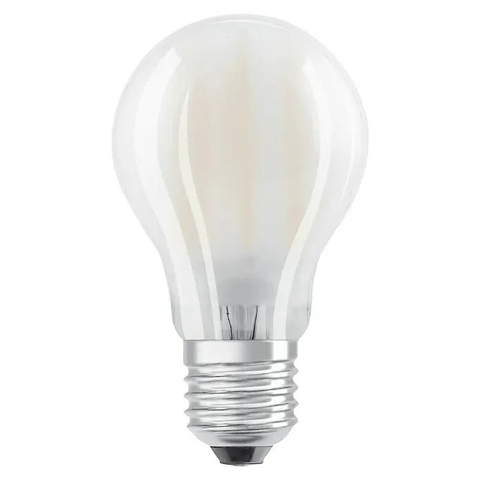 Osram Star LED-Lampe Glühlampenform E27 matt - E27, Nicht Dimmbar, Warmweiß, 806 lm, 7 W - Nahaufnahme einer LED-Lampe mit mattiertem Glas, die ein weiches, diffuses Licht erzeugt und eine energiesparende Beleuchtungslösung darstellt.