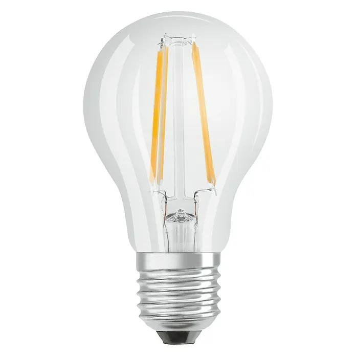Osram Star LED-Lampe Glühlampenform E27 klar - E27, Nicht Dimmbar, Tageslichtweiß, 806 lm, 7 W, Klar - Nahaufnahme einer LED-Filamentlampe mit klarem Glaskolben und E27-Sockel vor schwarzem Hintergrund.