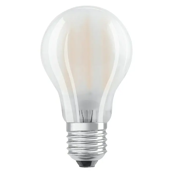 Osram Star LED-Lampe Glühlampenform E27 matt - E27, Nicht Dimmbar, Tageslichtweiß, 806 lm, 7 W, Matt - Nahaufnahme einer matten LED-Glühbirne mit Edison-Schraubsockel, die warmes Licht ausstrahlt und energieeffizientes Leuchten verspricht.