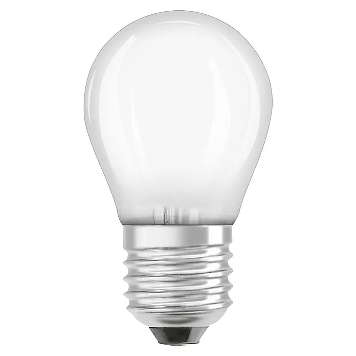 Osram Retrofit LED-Lampe Classic P - E27, Nicht Dimmbar, Warmweiß, 470 lm, 4 W - Nahaufnahme einer matten Glühbirne mit E27-Sockel, ideal für stimmungsvolle Beleuchtung im Wohnbereich.