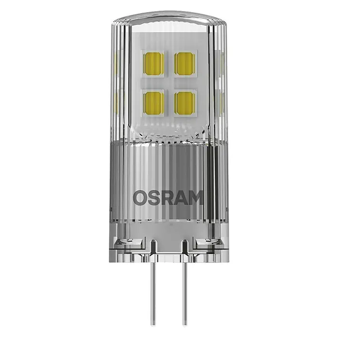 Osram LED-Lampe Pin G4 MR16 - G4, Dimmbar, Warmweiß, 200 lm, 2 W - Nahaufnahme einer OSRAM LED Lampe mit klarem Gehäuse, das die internen Komponenten und den OSRAM Schriftzug zeigt.