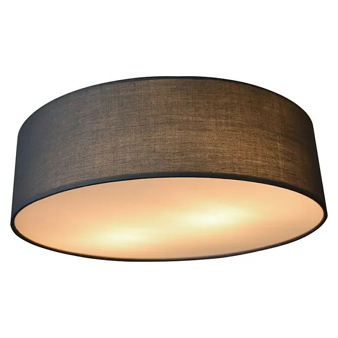 Tween Light Deckenleuchte rund Tessile - 40 W, Ø x H: 40 x 11 cm, Grau, E27 - Nahaufnahme einer modernen, runden Deckenleuchte mit grauem Stoffschirm und warmem Licht.