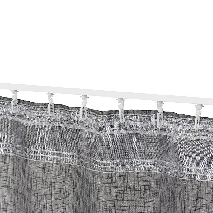 Elbersdrucke Schlaufenschal Effecto - 140 x 255 cm, 100 % Polyester, Anthrazit - Nahaufnahme eines grauen Vorhangs, der an einer weißen Gardinenstange mit weißen Haken befestigt ist.