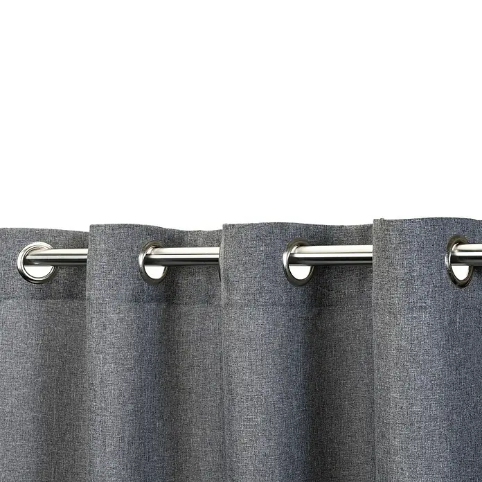 Elbersdrucke Ösenschal Lino - Anthrazit, 140 x 255 cm, 100 % Polyester - Graue Vorhänge mit silbernen Ösen hängen an einer silbernen Stange. Der Stoff hat eine sichtbare Textur.