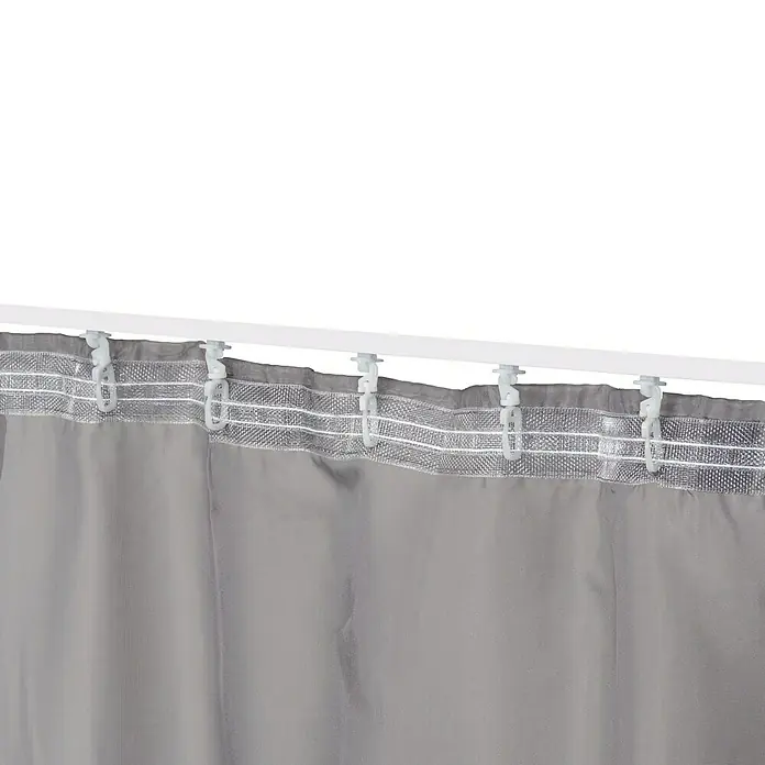Elbersdrucke Schlaufenschal Feel Good - 140 x 255 cm, 100% Polyester, Grau - Grauer Vorhang mit weißen Haken an einer weißen Gardinenstange, der einen eleganten und funktionalen Raumakzent bietet.
