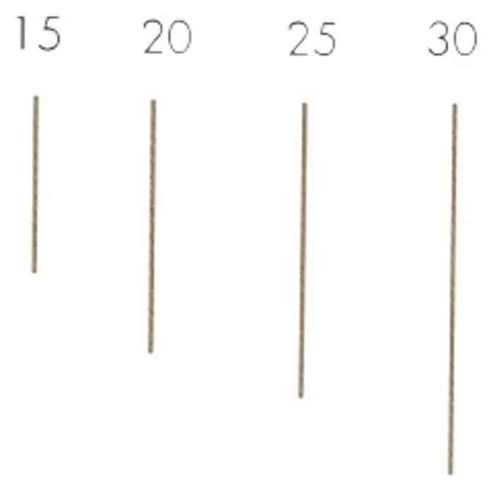 Unicair Clavo con cabeza - Diámetro cabeza: 0,64 mm, Largo: 20 mm, 20.000 ud. - Imagen de cuatro tacos de madera de diferentes longitudes, etiquetados como 15, 20, 25 y 30, ideales para medir y manualidades.