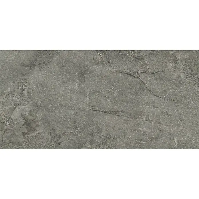 Feinsteinzeugfliese Roccia Anthrazit - L x B: 62 x 31 cm, Anthrazit, Matt, Inhalt: 1,63 qm² - Eine Nahaufnahme einer grauen Schieferfliese mit einer natürlich wirkenden, strukturierten Oberfläche, ideal für moderne Boden- oder Wanddesigns.