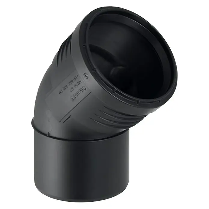 Geberit Silent PP-Bogen - Nennweite: 70 mm, 45 ° - Schwarzes Silent-PP-Rohrbogenstück mit einem Winkel von 45 Grad für geräuschreduzierte Abwasserleitungen.