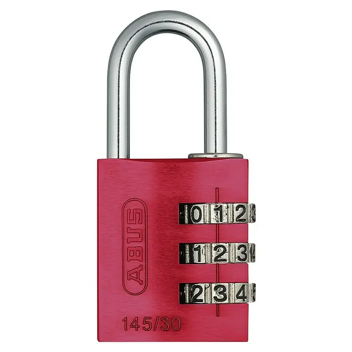 Abus Candado con combinación 145/30 - An x L: 31,5 x 65 mm, Aluminio, Número de dígitos en combinación: 3 ud., Rosa - Candado de combinación rojo ABUS 145/30 con tres ruedas y un arco plateado, ideal para asegurar objetos.