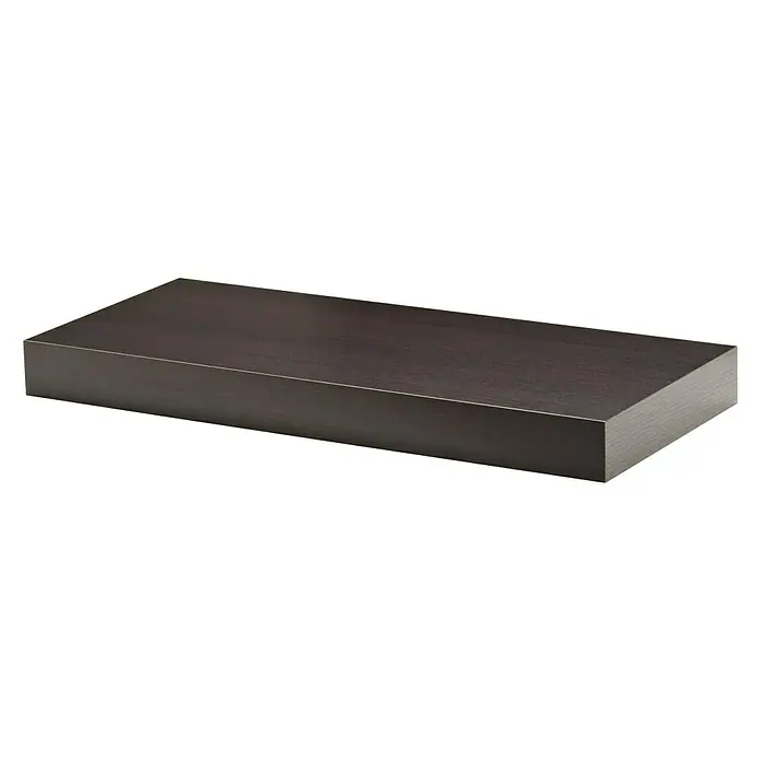 Dolle Wandboard Big Boy - L x B x H: 44,5 x 25 x 5 cm, Mocca, Belastbarkeit: 30 kg - Nahaufnahme eines schwebenden Regals mit dunkler Holzoberfläche und einer eleganten, minimalistischen Ästhetik vor schwarzem Hintergrund.