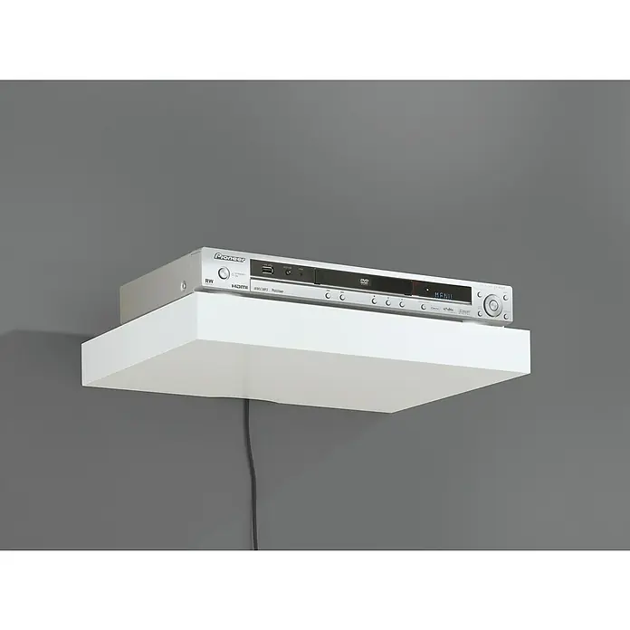 Dolle Wandboard Big Boy Media - L x B x H: 44,5 x 30 x 5 cm, Belastbarkeit: 30 kg, Weiß - DVD-Player der Marke Pioneer auf einem weißen Wandregal. Das Gerät ist silberfarben und befindet sich vor einer grauen Wand.
